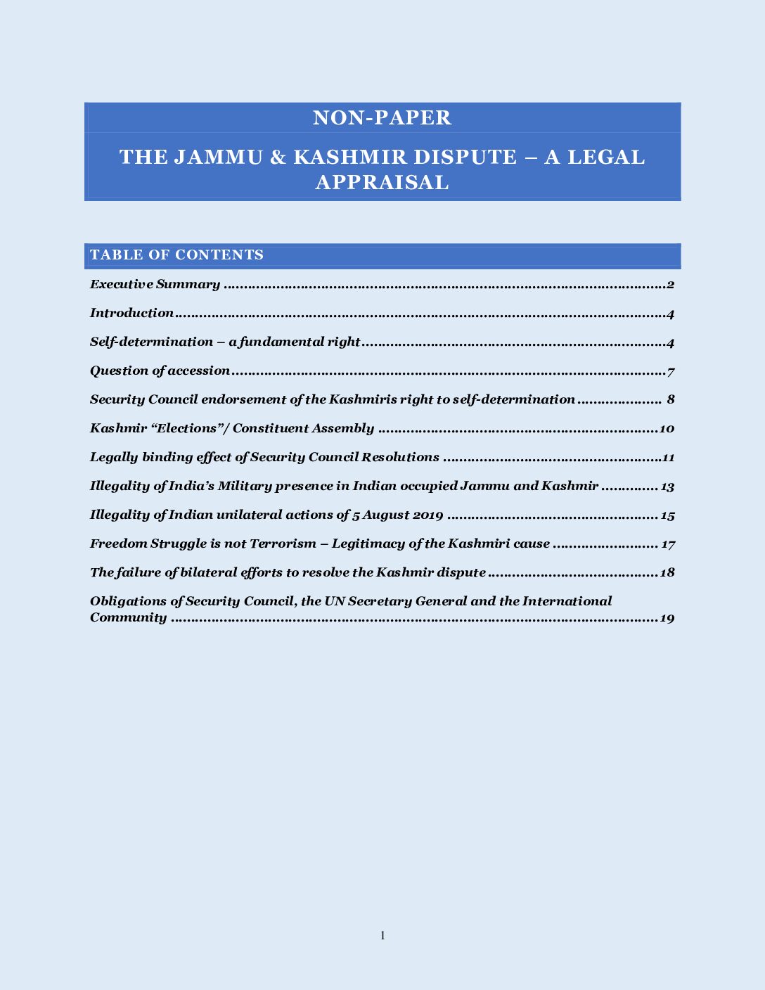 Non-Paper on  The Jammu and Kashmir Dispute – A Legal Appraisal